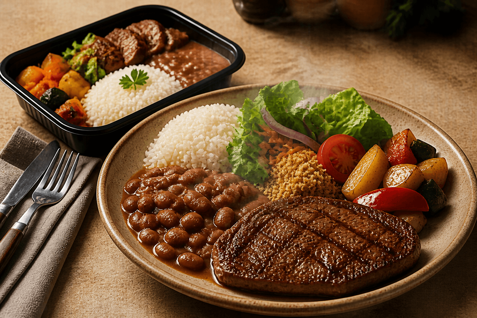 Prato do Bom d'Boca com arroz, feijao, carne e salada