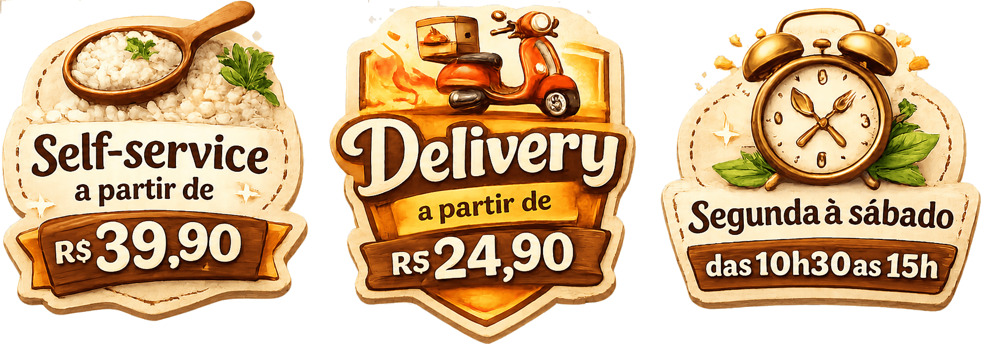 Self-service a partir de R$ 39,90, delivery a partir de R$ 24,90 e atendimento de segunda a sabado, das 10h30 as 15h
